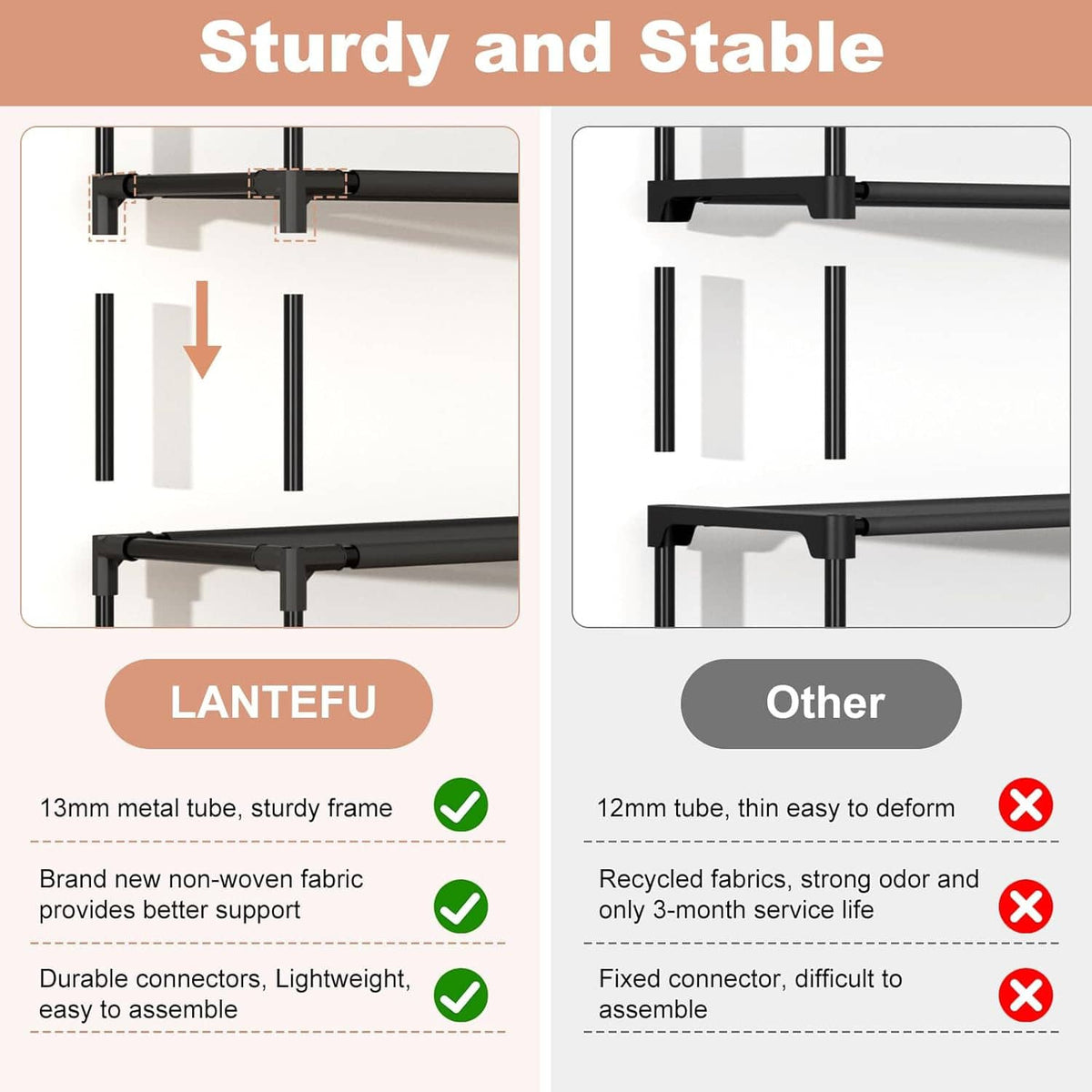 Sturdy black shoe rack design with metal tube frame and connector stability callouts