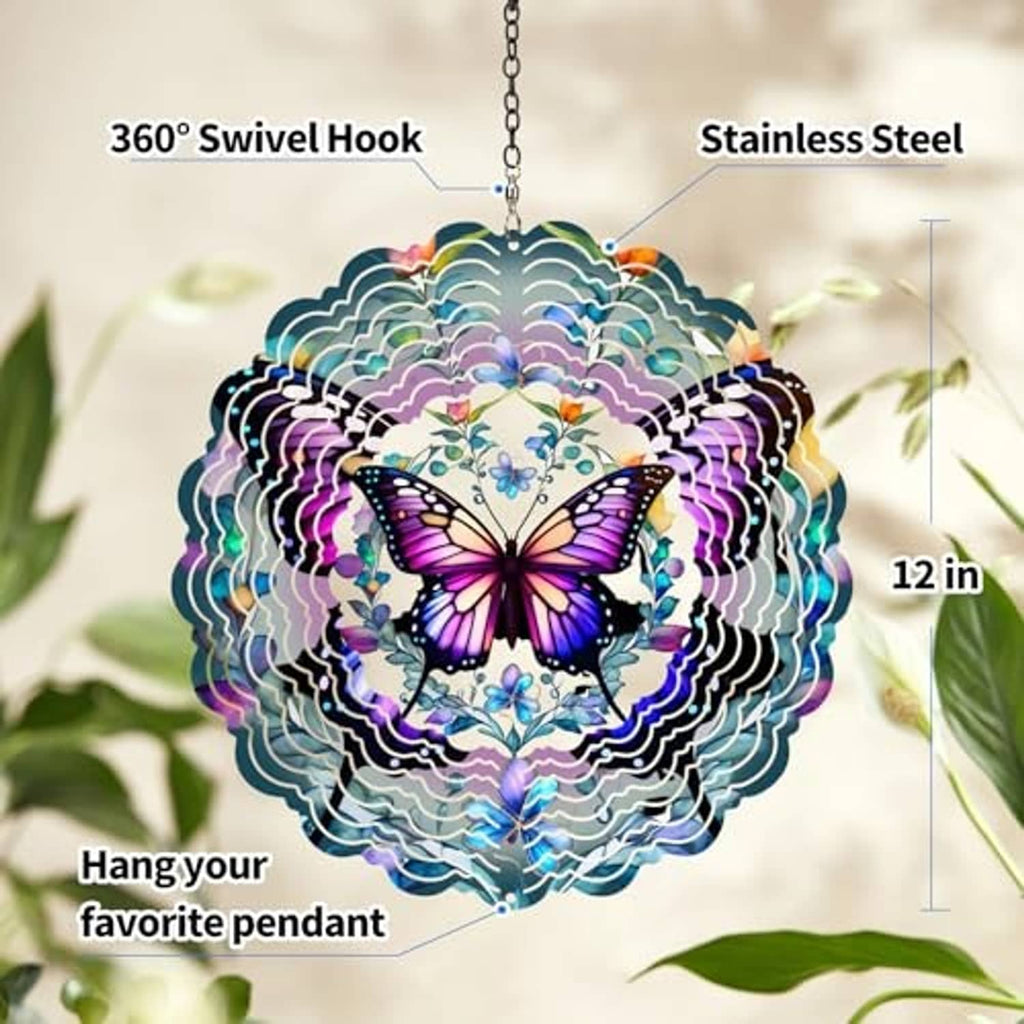 Hanging butterfly wind spinner with swiveling chain hook and layered reflective rings