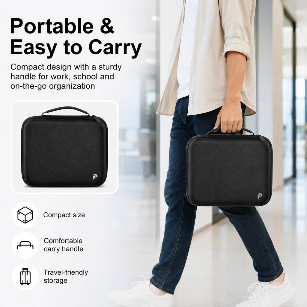 Black portable label maker storage case with carry handle and compact zippered design