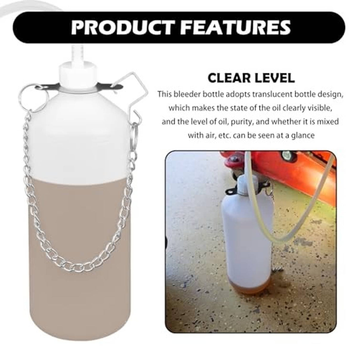Transparent brake bleeder bottle reservoir with hanging chain and clear level window