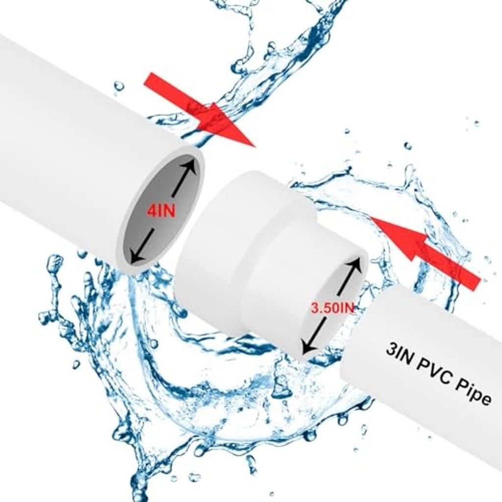 White PVC DWV reducer coupling, socket ends for 3 in and 4 in pipes