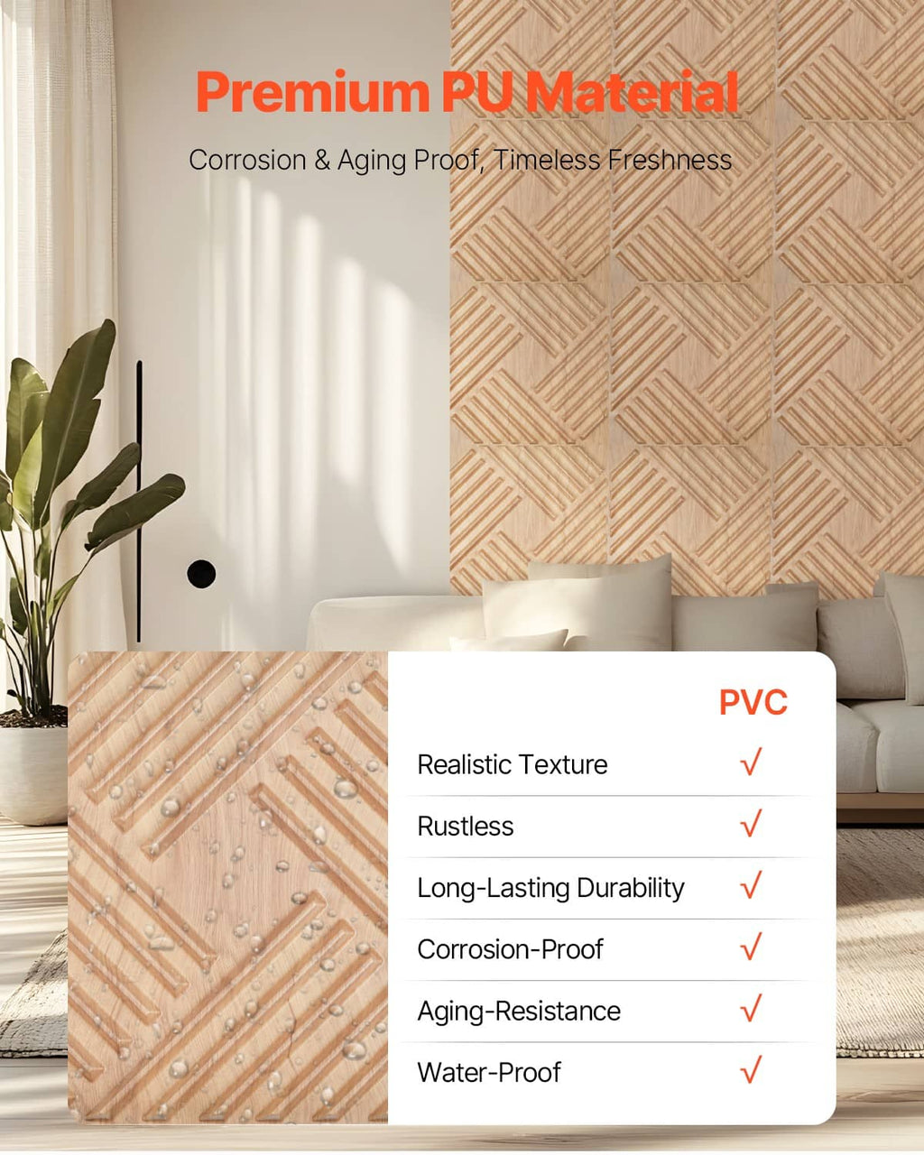 Light wood 3D slat PVC wall panel with realistic raised texture on display.