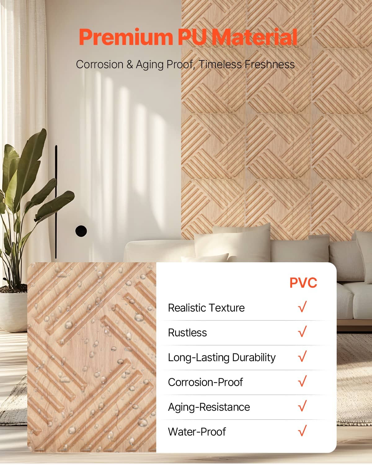 Light wood 3D slat PVC wall panel with realistic raised texture on display.