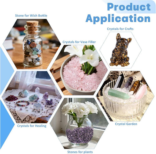 Turquoise stone chips application collage with jars, vase filler, and healing-themed icons