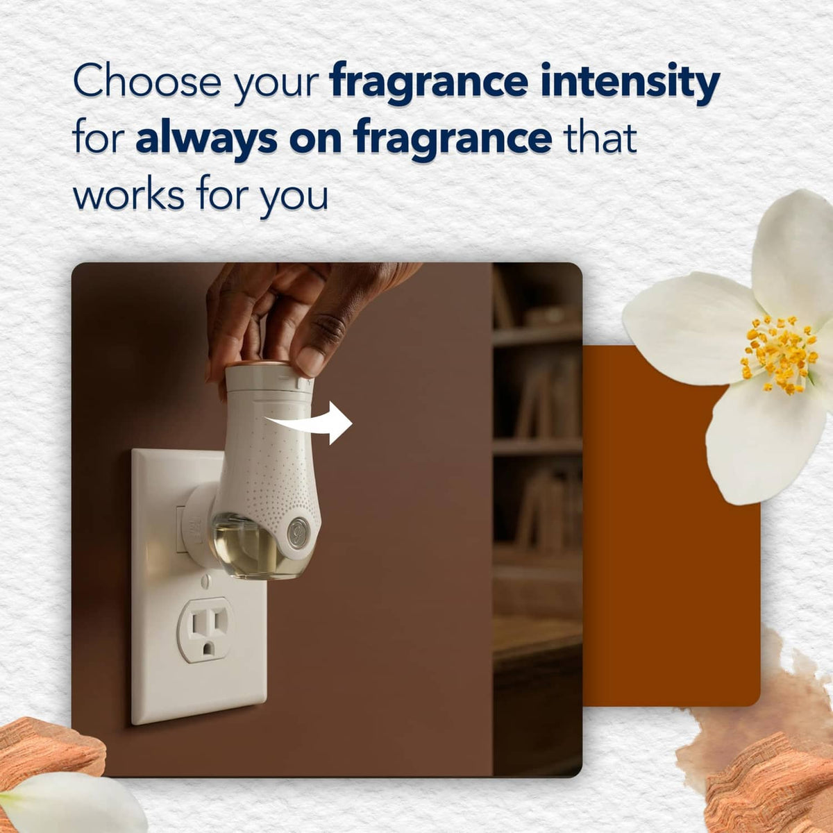Glade Cashmere Woods plug-in warmer refill, hand inserts device into outlet