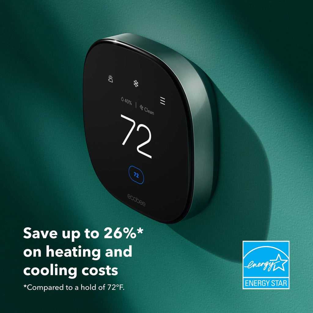 Black smart thermostat with touchscreen showing 72° on a wall mount
