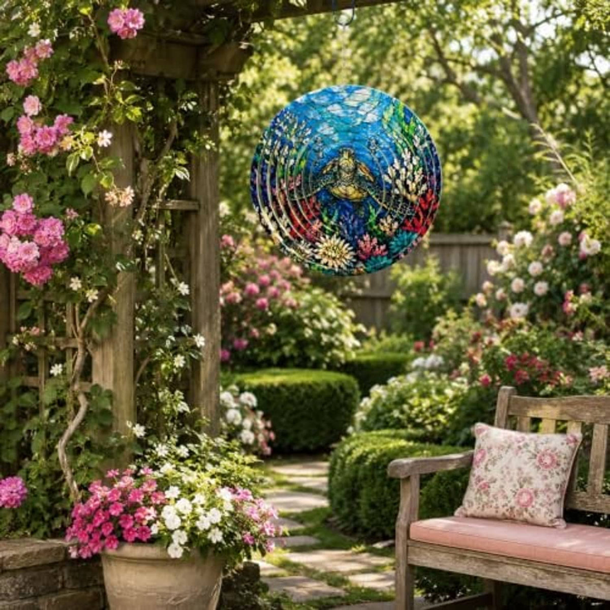 Hanging blue sea turtle wind spinner in a garden setting, round metal ring design.