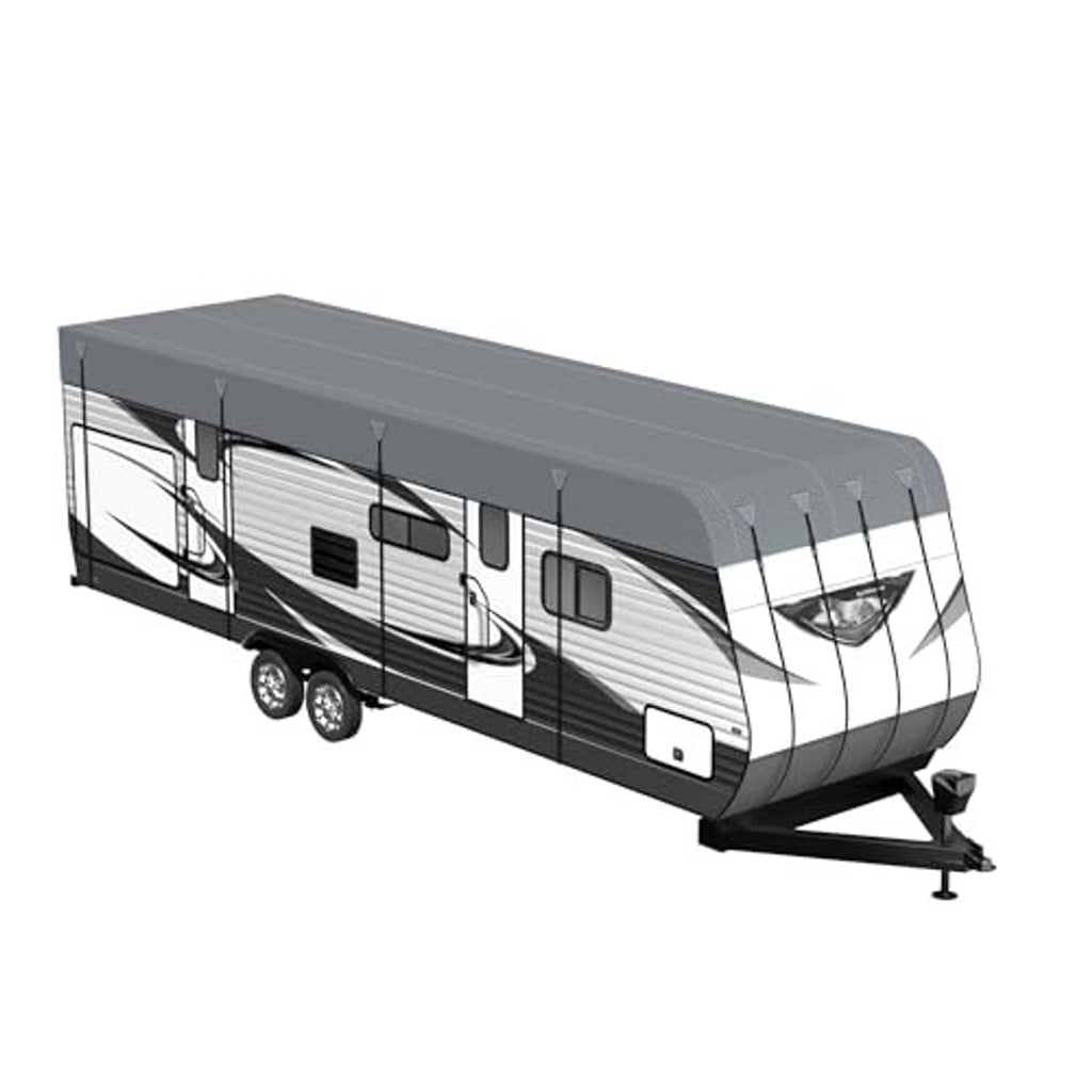 Grey RV roof cover draped over a travel trailer, with secured seams and strap points.