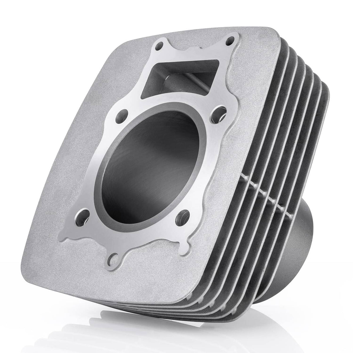 ATV finned cylinder block with large bore opening and four mounting holes