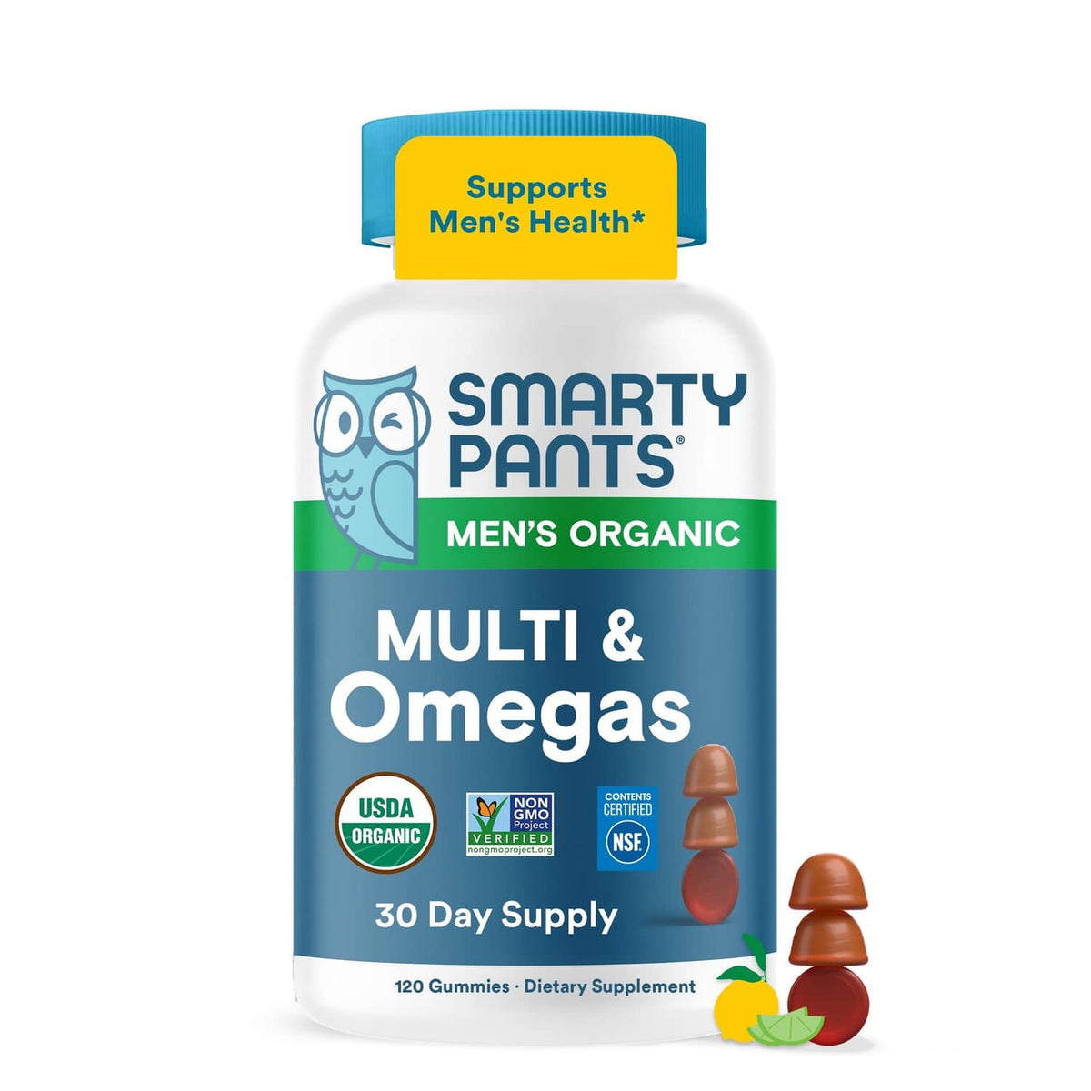 SmartyPants men's organic multivitamin bottle, blue cap, Multi & Omegas label