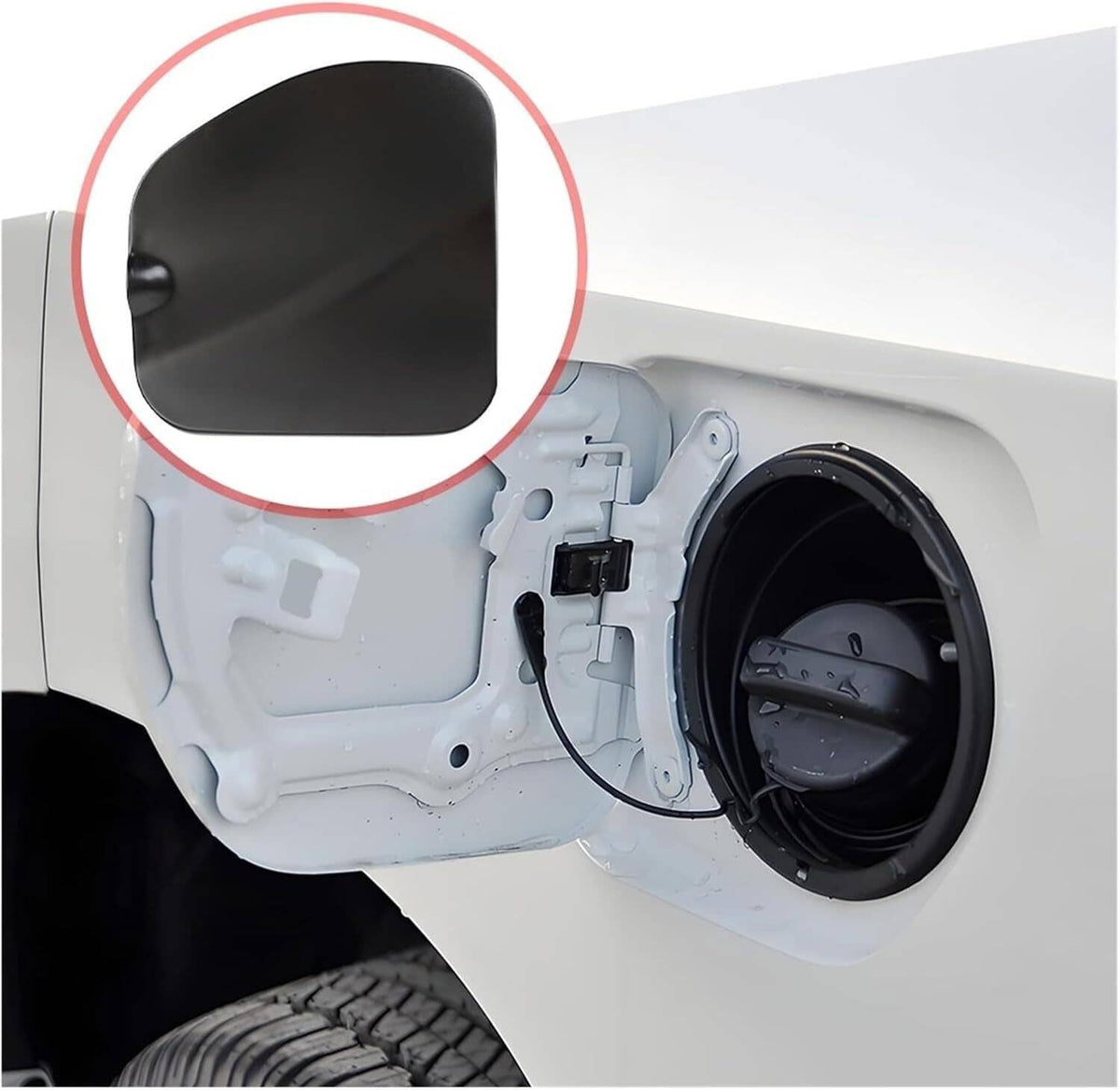 Black fuel filler lid cap with latch area shown inside the fuel port opening