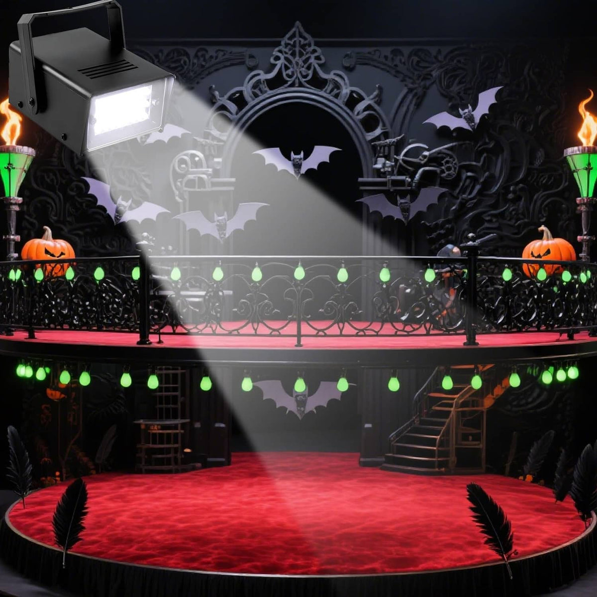 Black mini LED strobe light shining in a decorated indoor stage setting