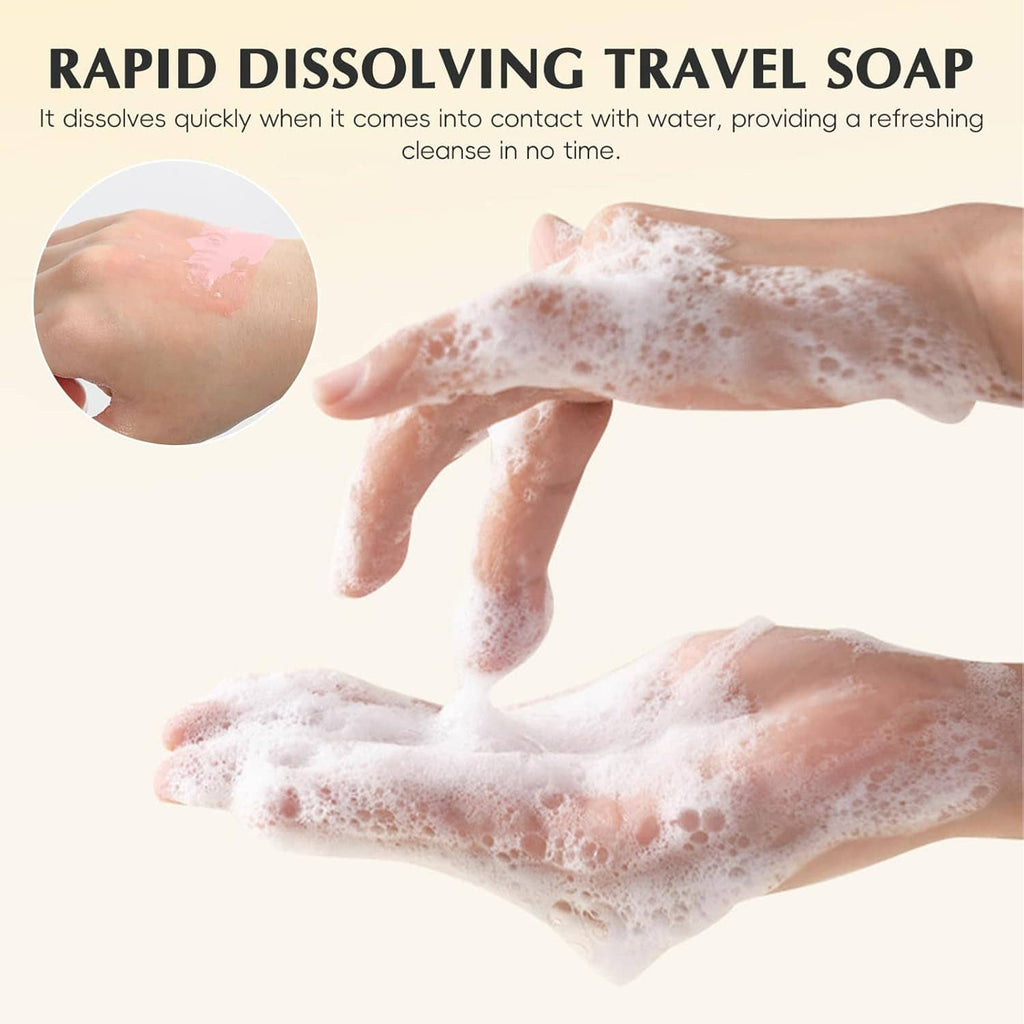 Soap sheet dissolving on hands with light foam, travel hand wash