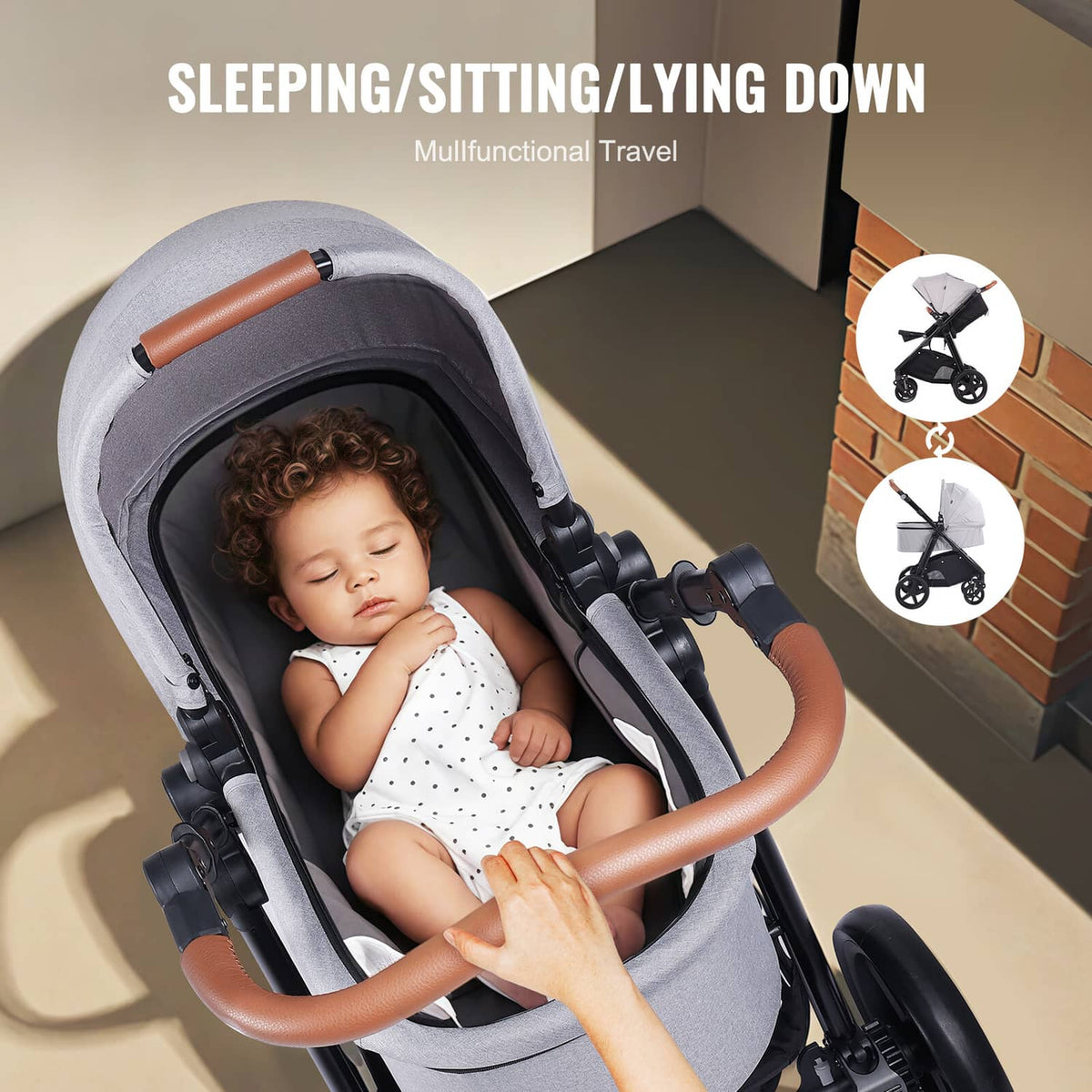 Light gray stroller bassinet with child resting under the hood