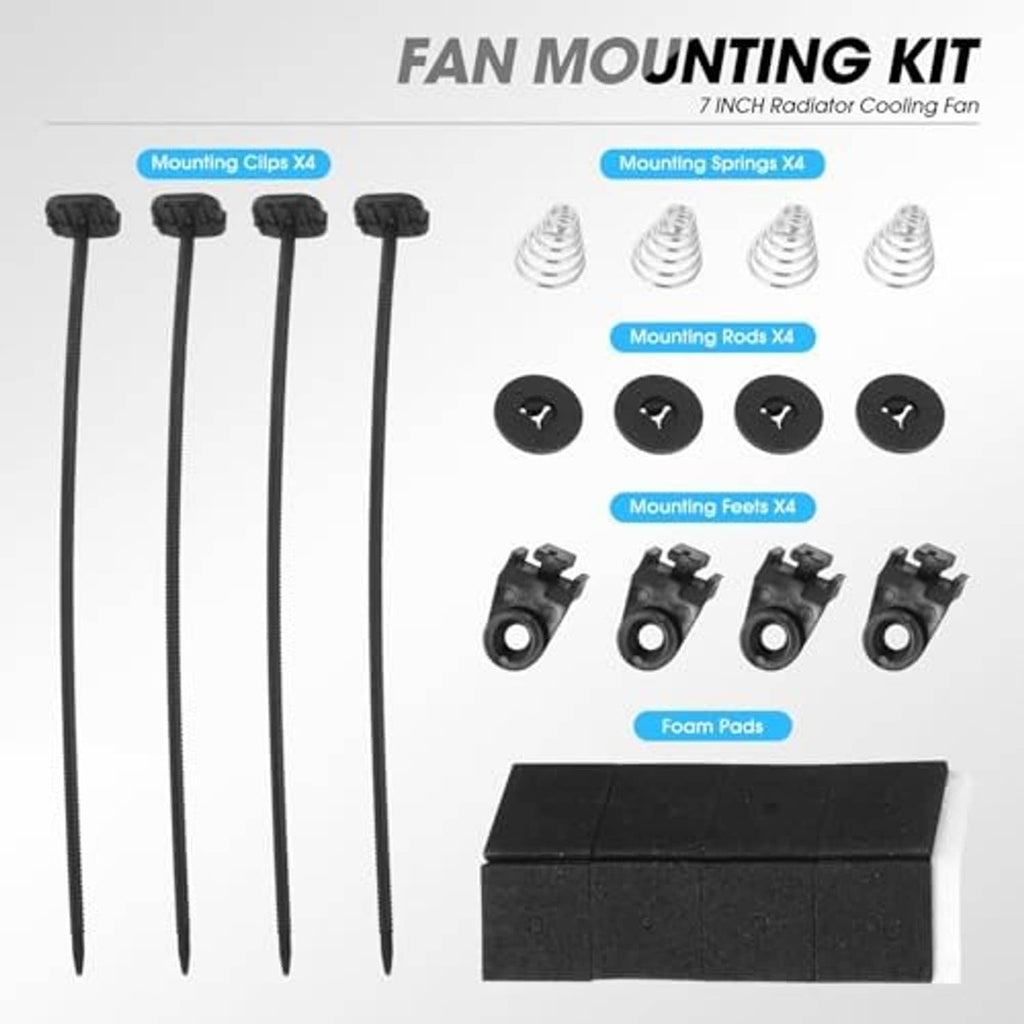 Radiator fan mounting kit with clips, springs, rods, foam pads, and hardware