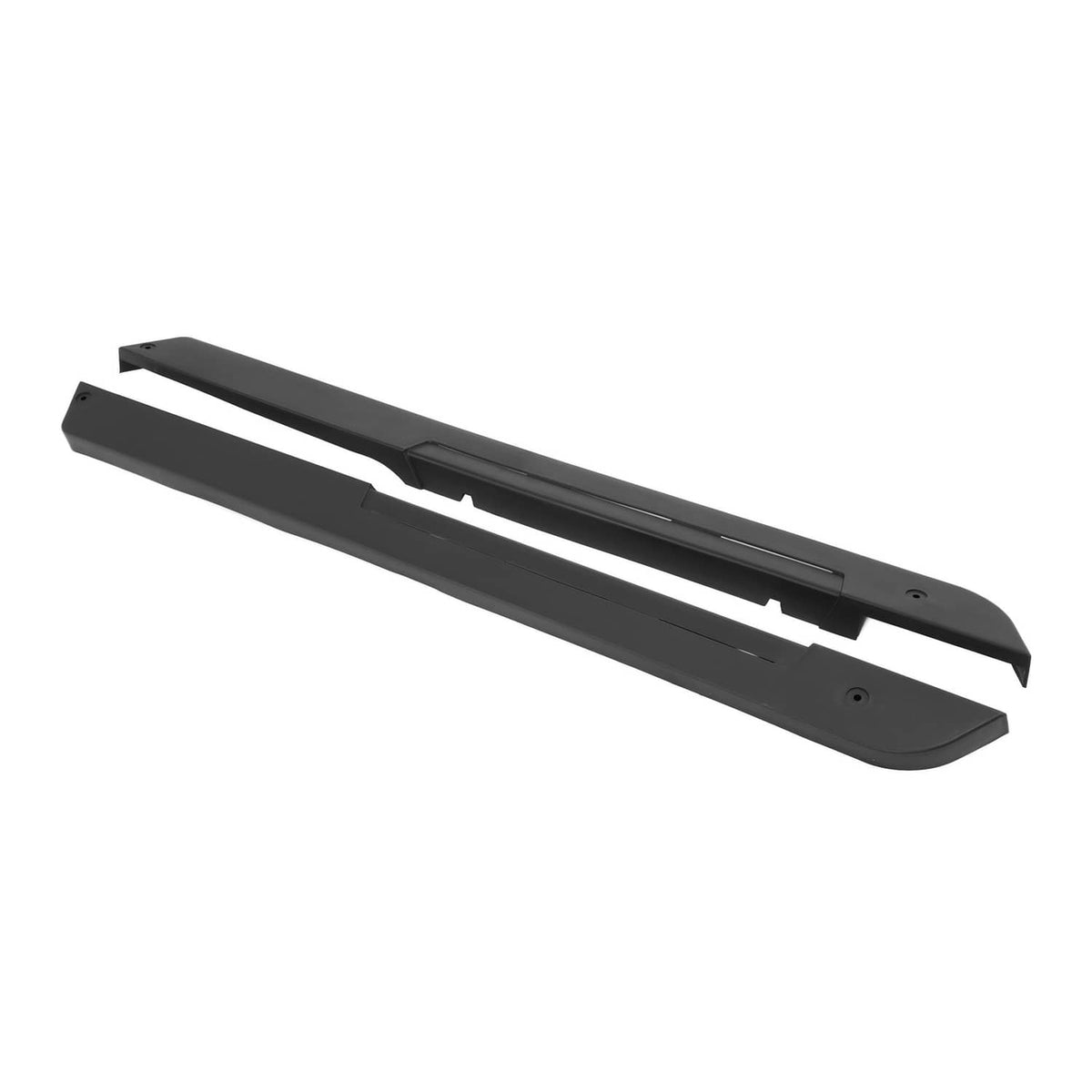 Black driver and passenger rocker panel set with central cutout detail.