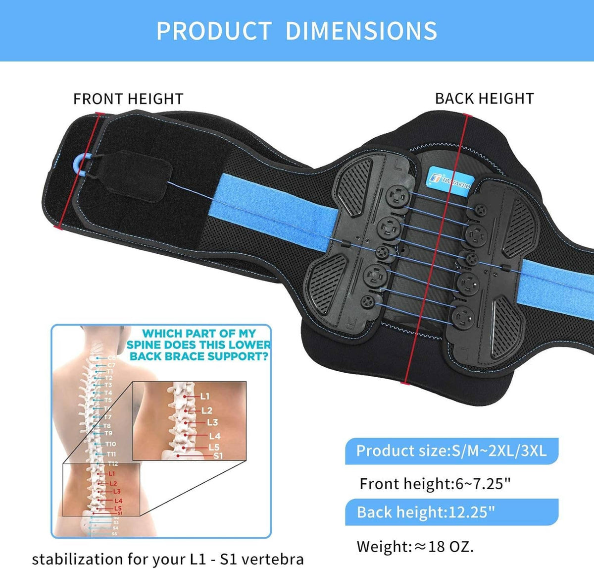 Back brace diagram showing front and back heights with product dimensions