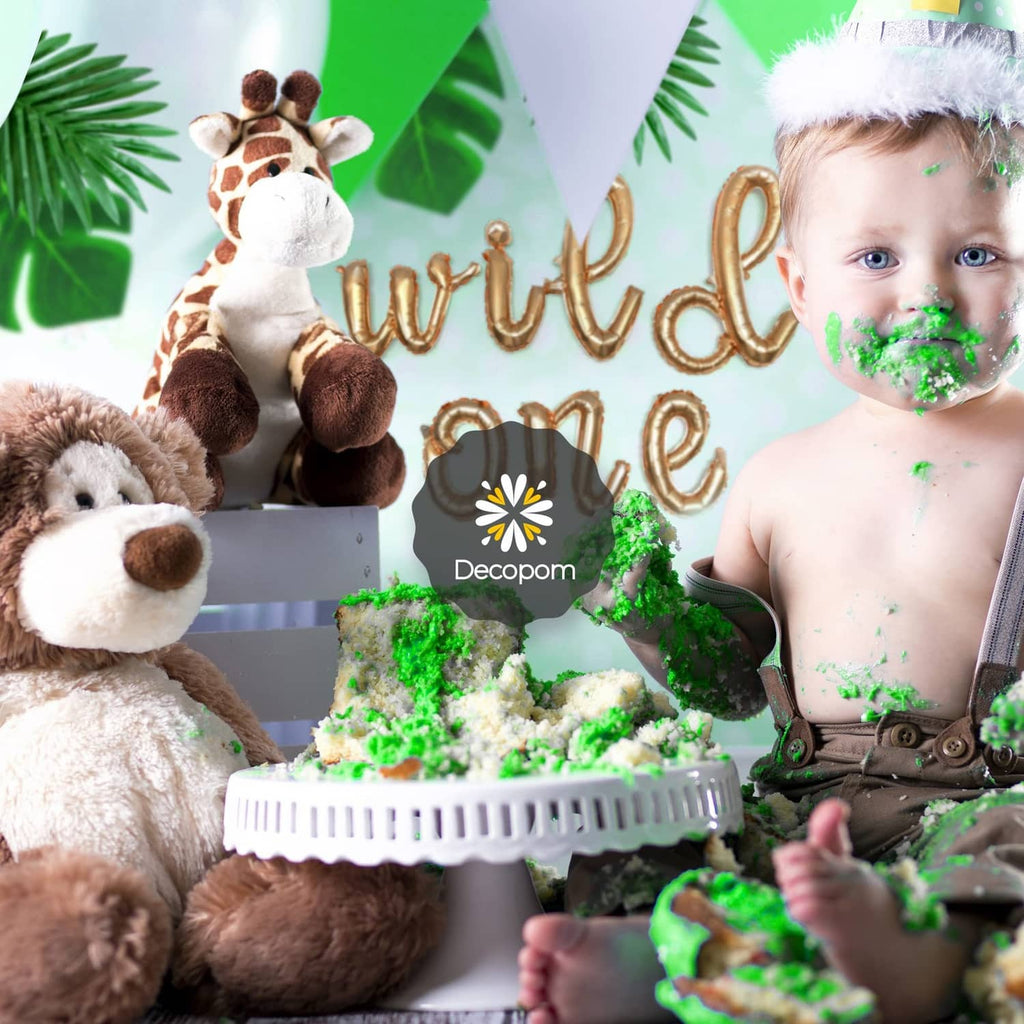 Artificial tropical green leaf decorations on birthday cake and kids party setup, 108 pack