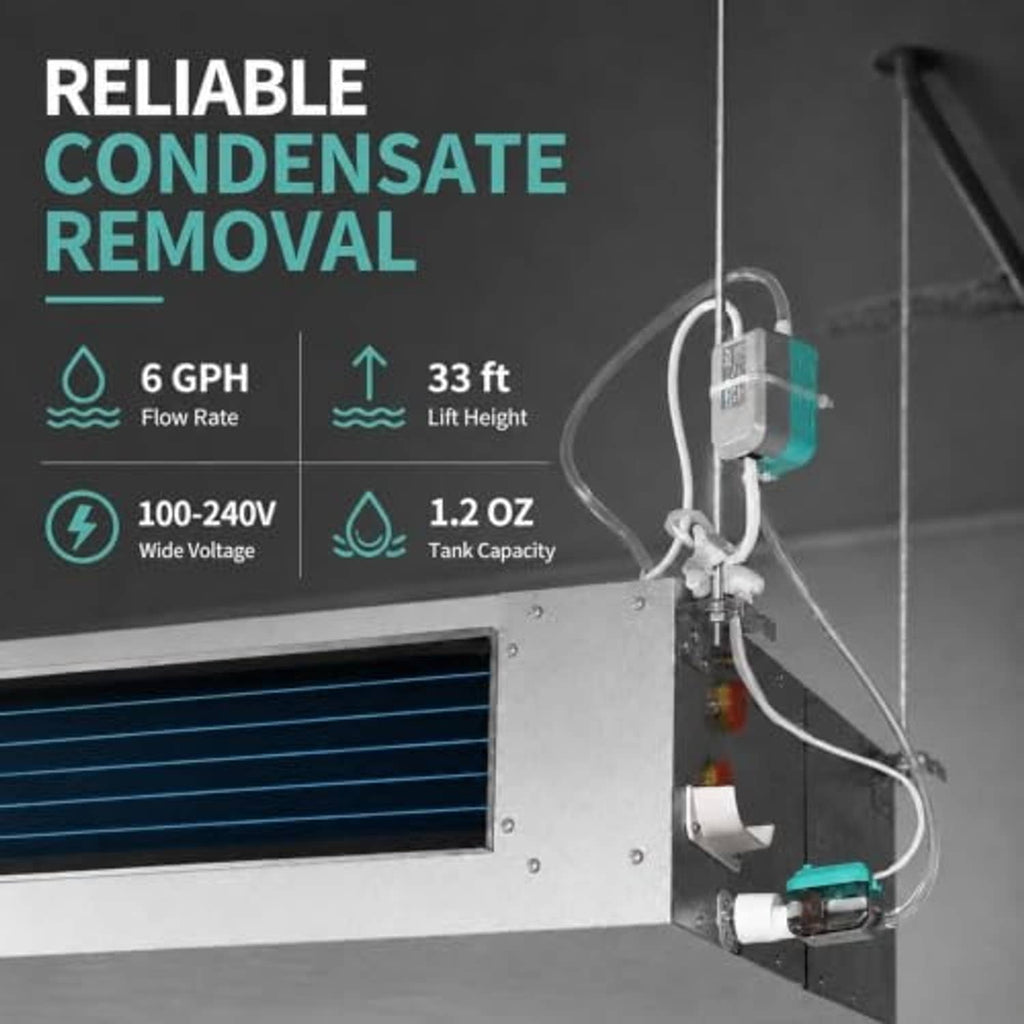 Mini split condensate pump mounted to an HVAC unit with connected tubing and wires.