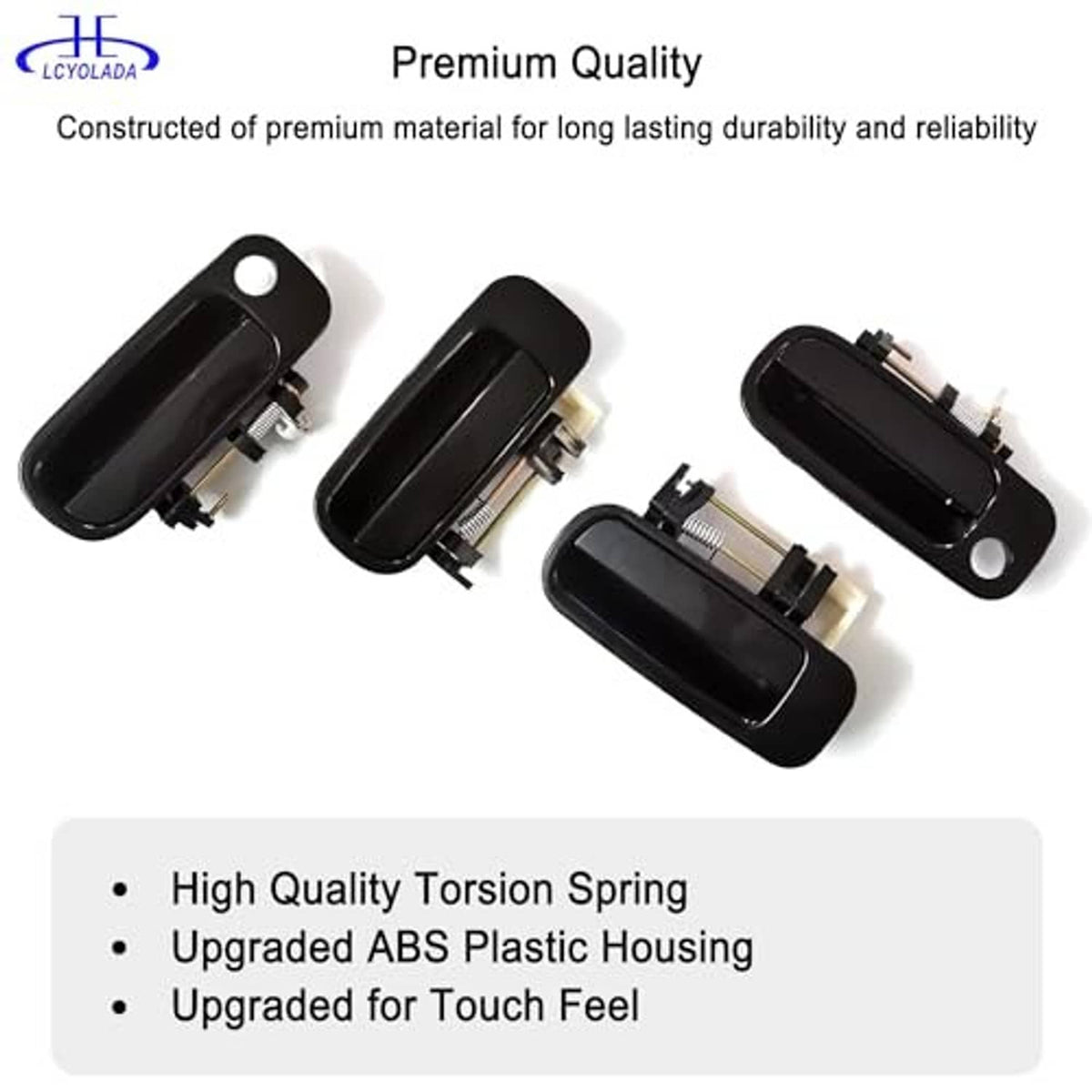 Set of 8 door handles, black exterior handle shells with visible metal mounting clips