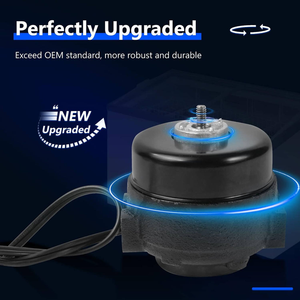 Black condenser fan motor with top mounting stud and attached power cable leads