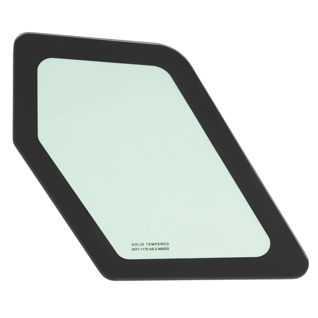 Skid steer cab door lower window glass with black frame and light green tinted panel