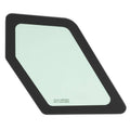 Skid steer cab door lower window glass with black frame and light green tinted panel