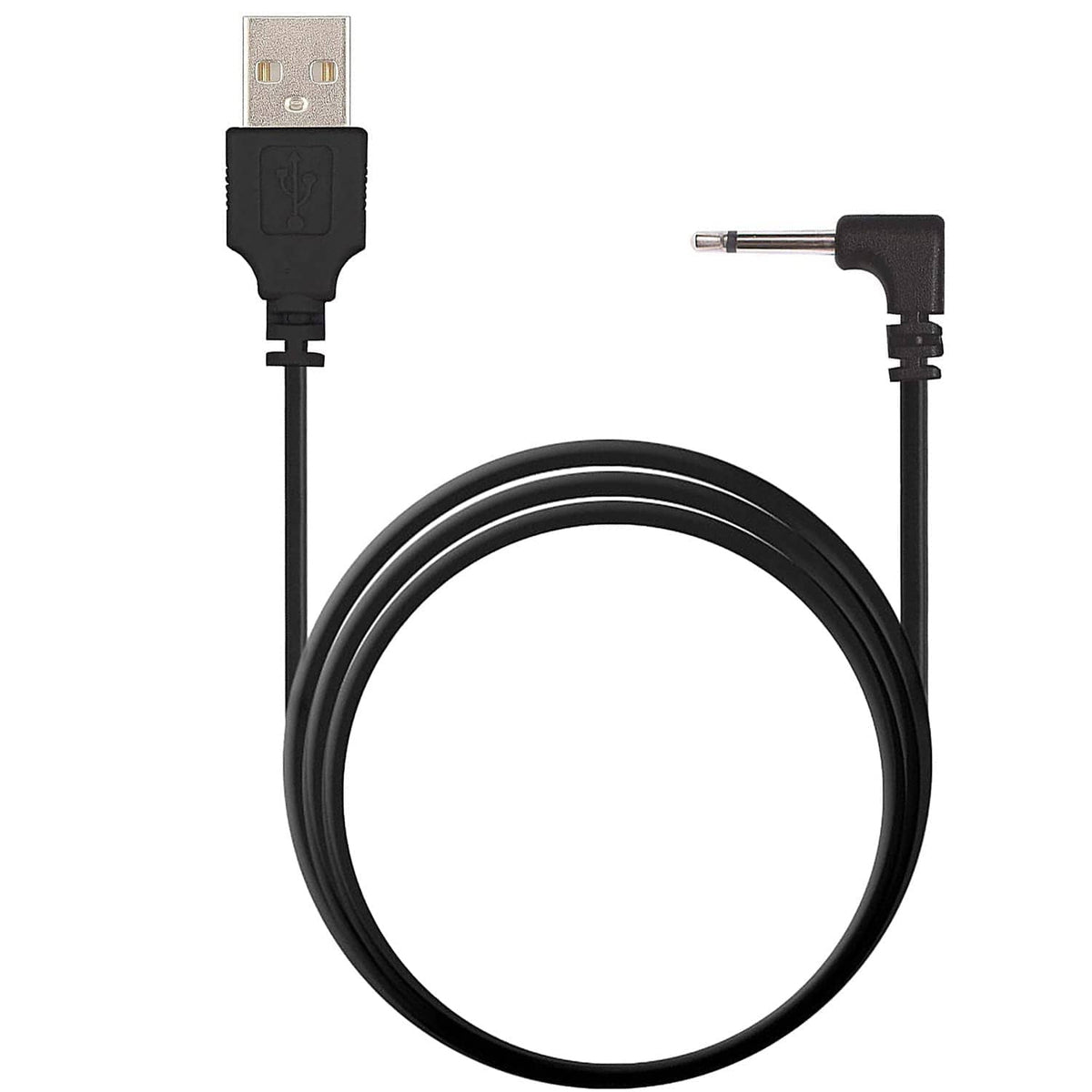 USB-A to barrel charger cable with black coiled cord and plug
