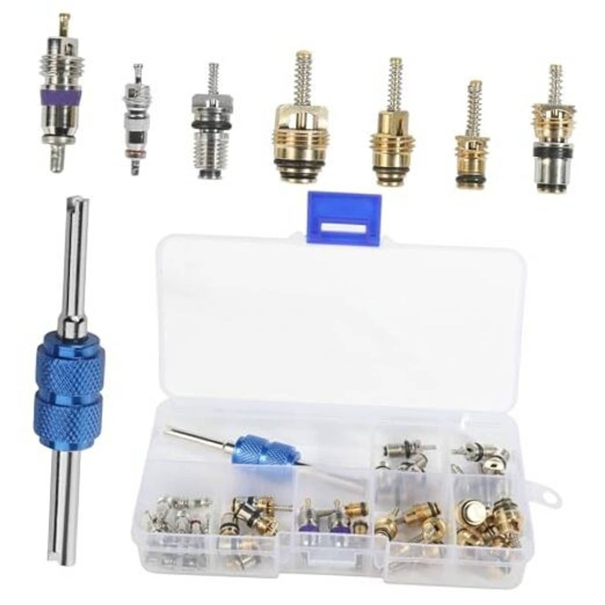 Air conditioner Schrader valve core kit with brass cores, blue-handled tool, clear case