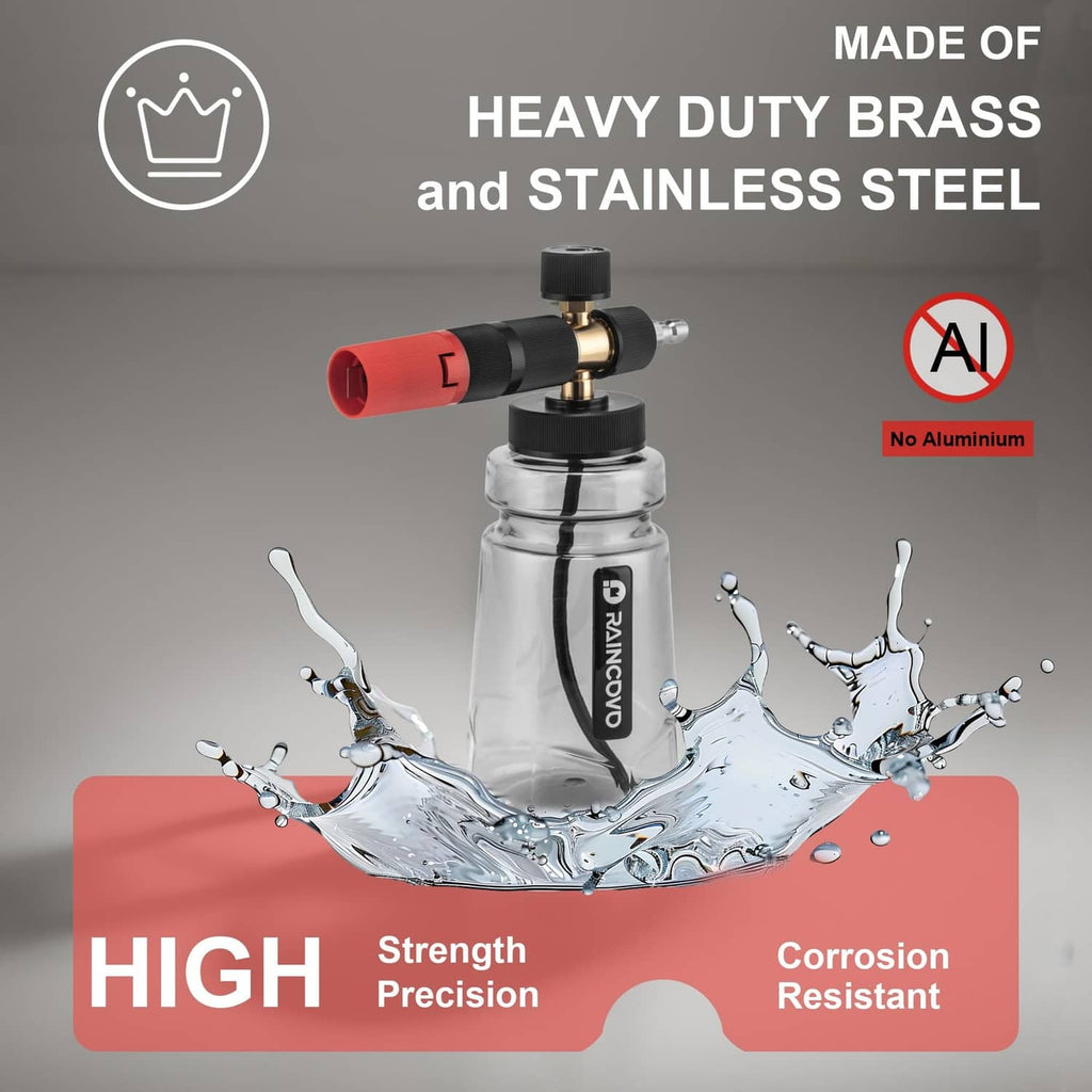Heavy-duty brass and stainless steel foam cannon with clear bottle body