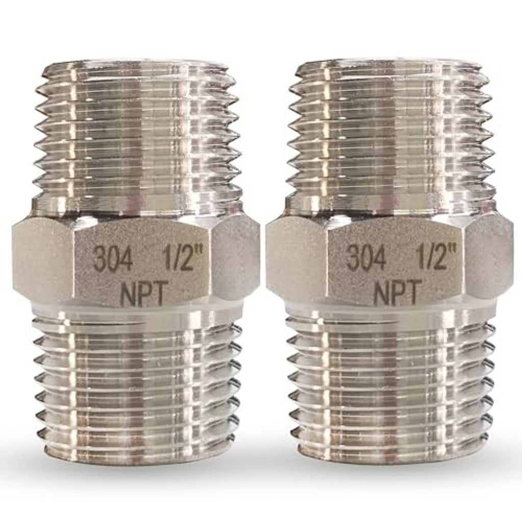 304 stainless steel 1/2 in NPT male hex nipple pipe fitting, two-pack