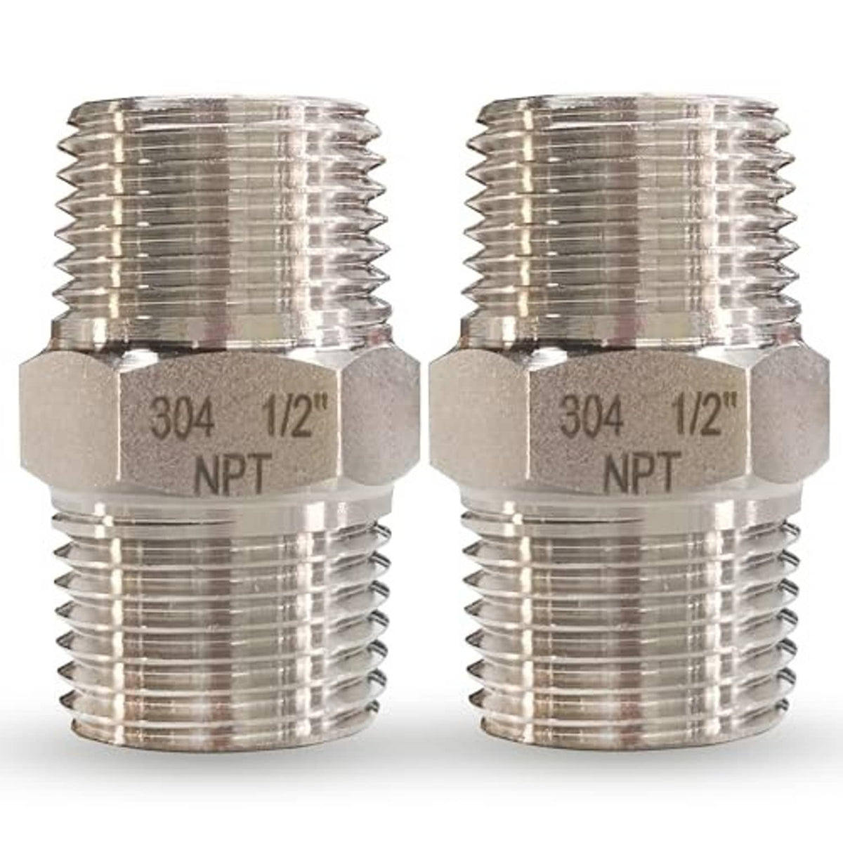 304 stainless steel 1/2 in NPT male hex nipple pipe fitting, two-pack