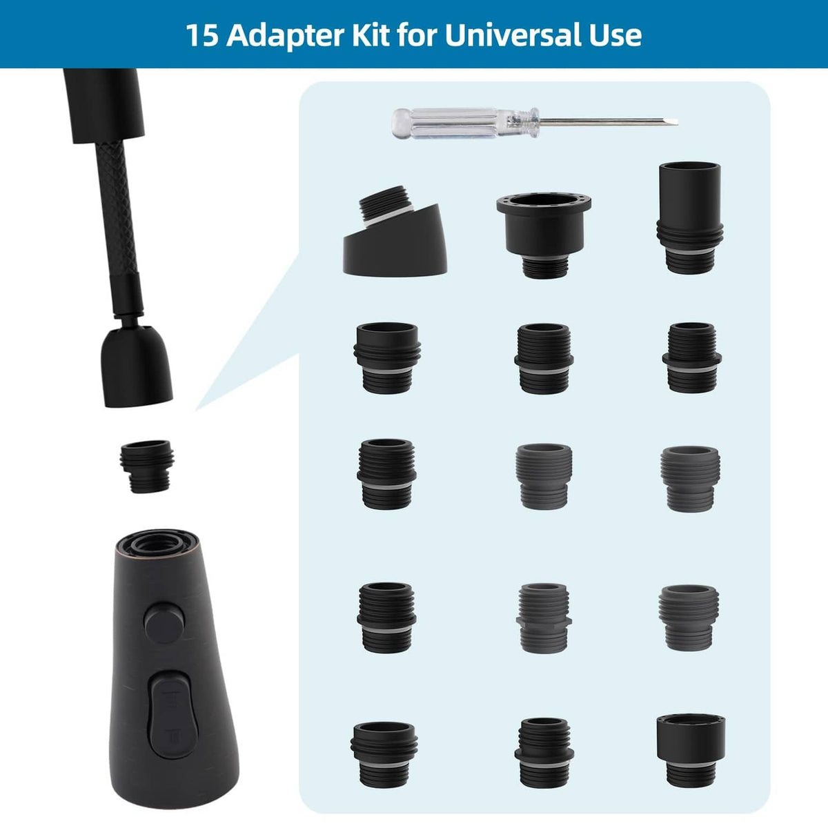 Oil-rubbed bronze faucet head replacement with 15 threaded adapters in a kit