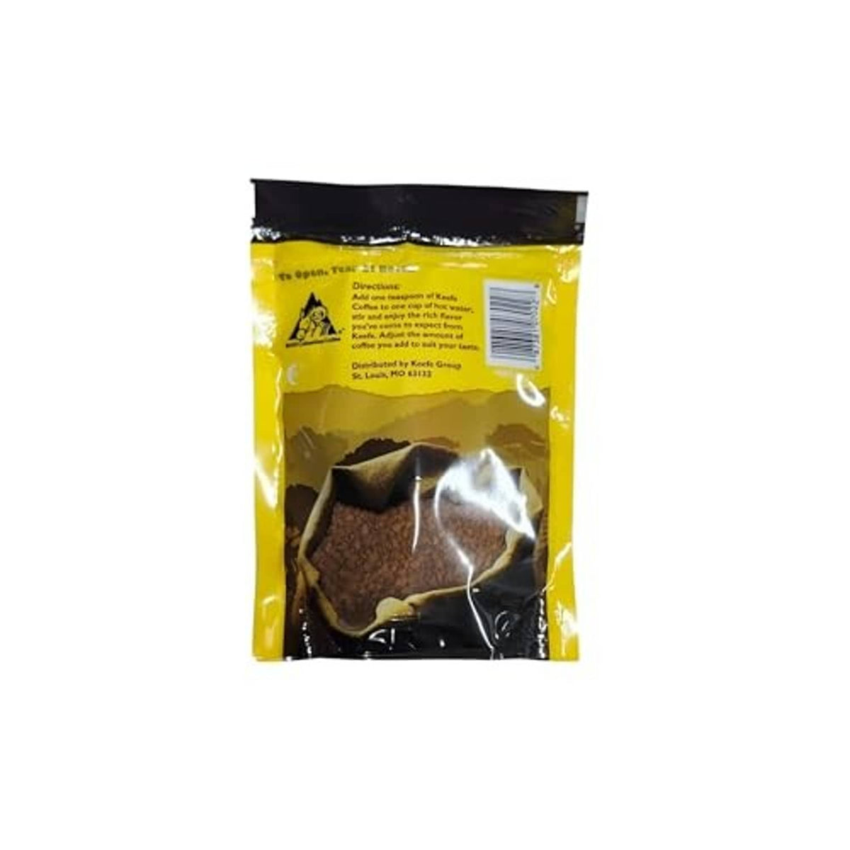 Keefe Coffee freeze-dried Colombian coffee pouch, back label with barcode