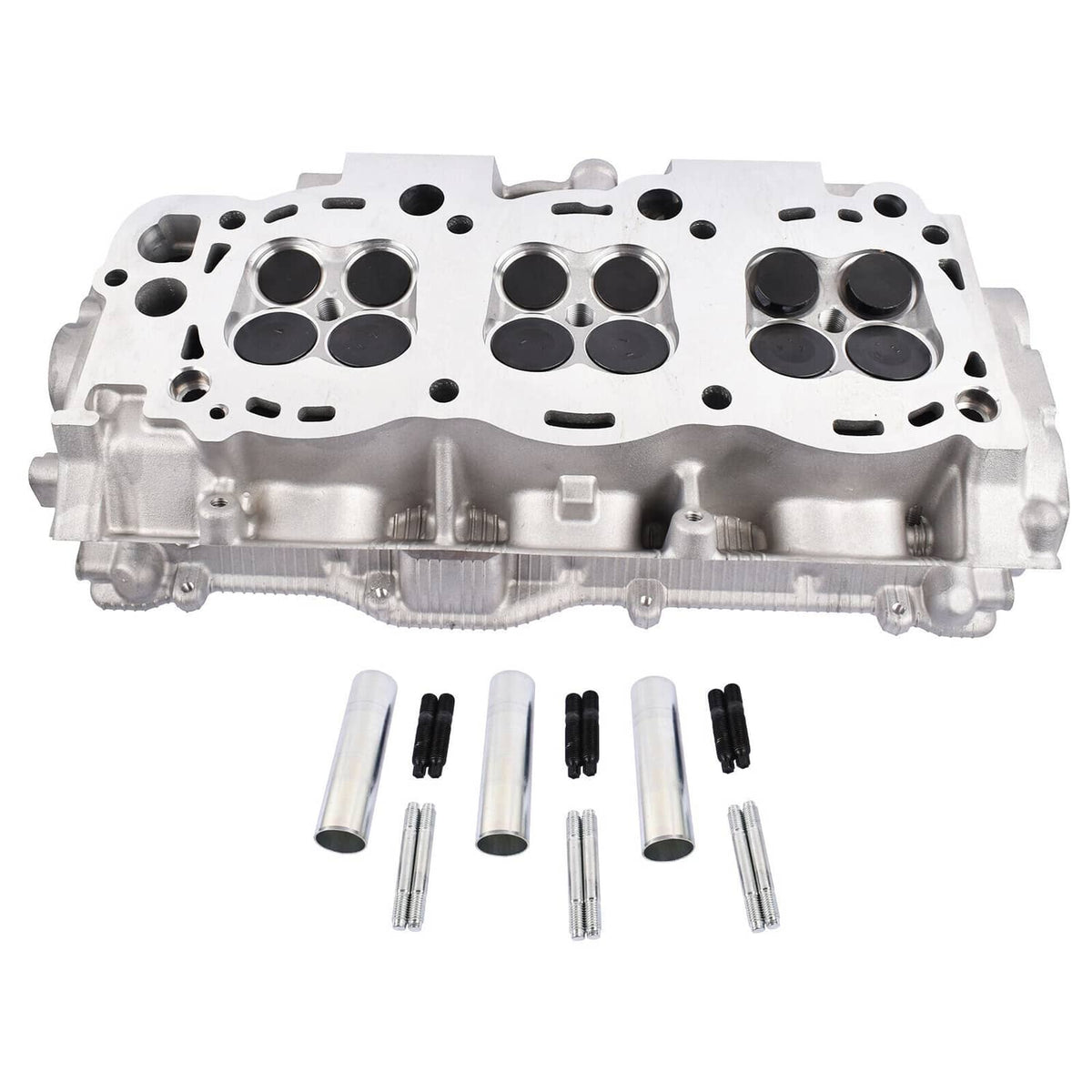 Right cylinder head top view with machined combustion chambers and bolt holes