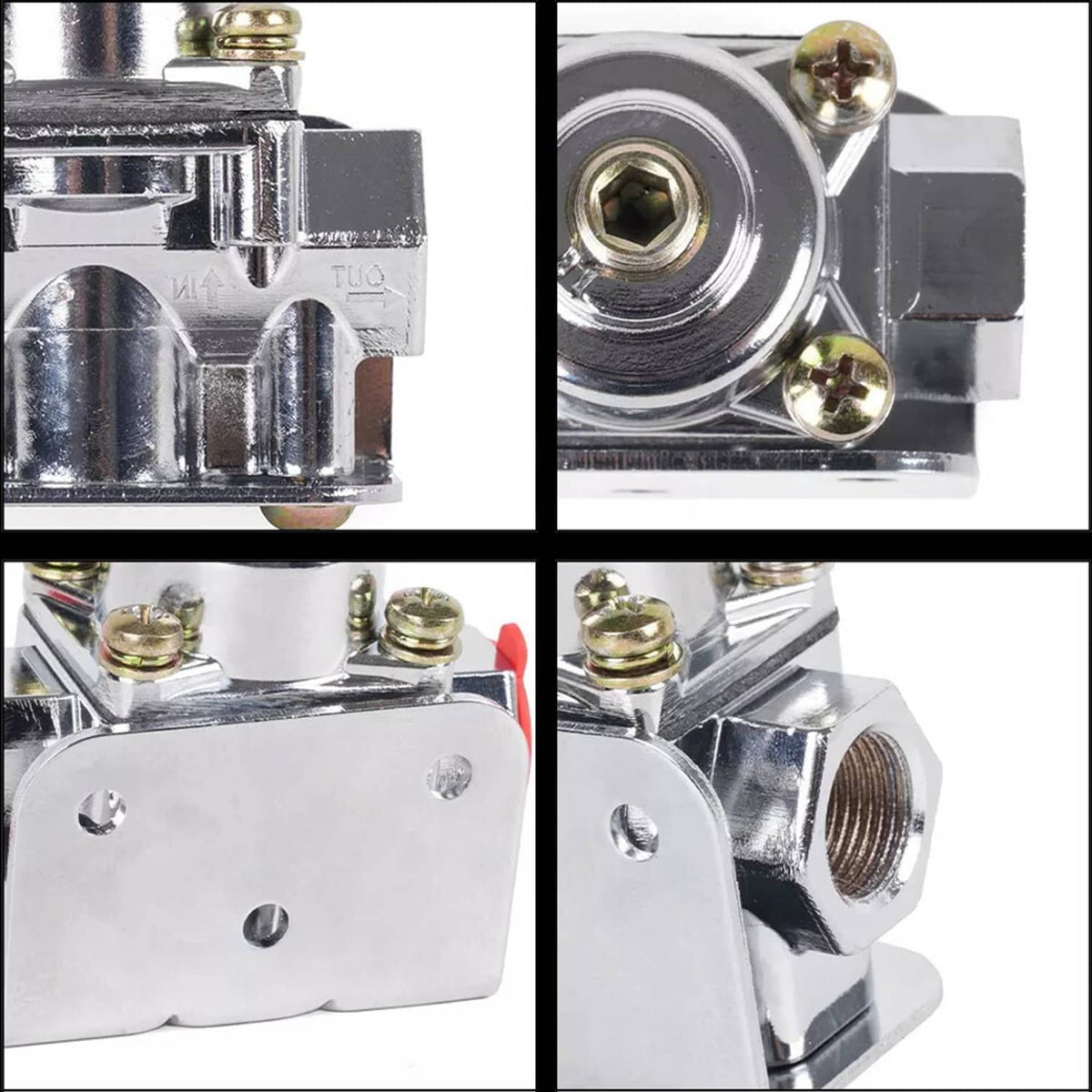 Chrome fuel pressure regulator close-up set showing mounting screws and port openings