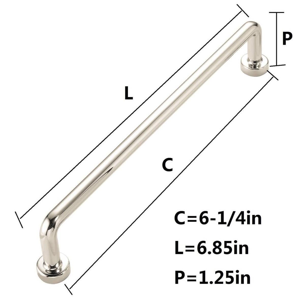Polished nickel cabinet pull handle size diagram: 6-1/4in center, 1-1/4in posts