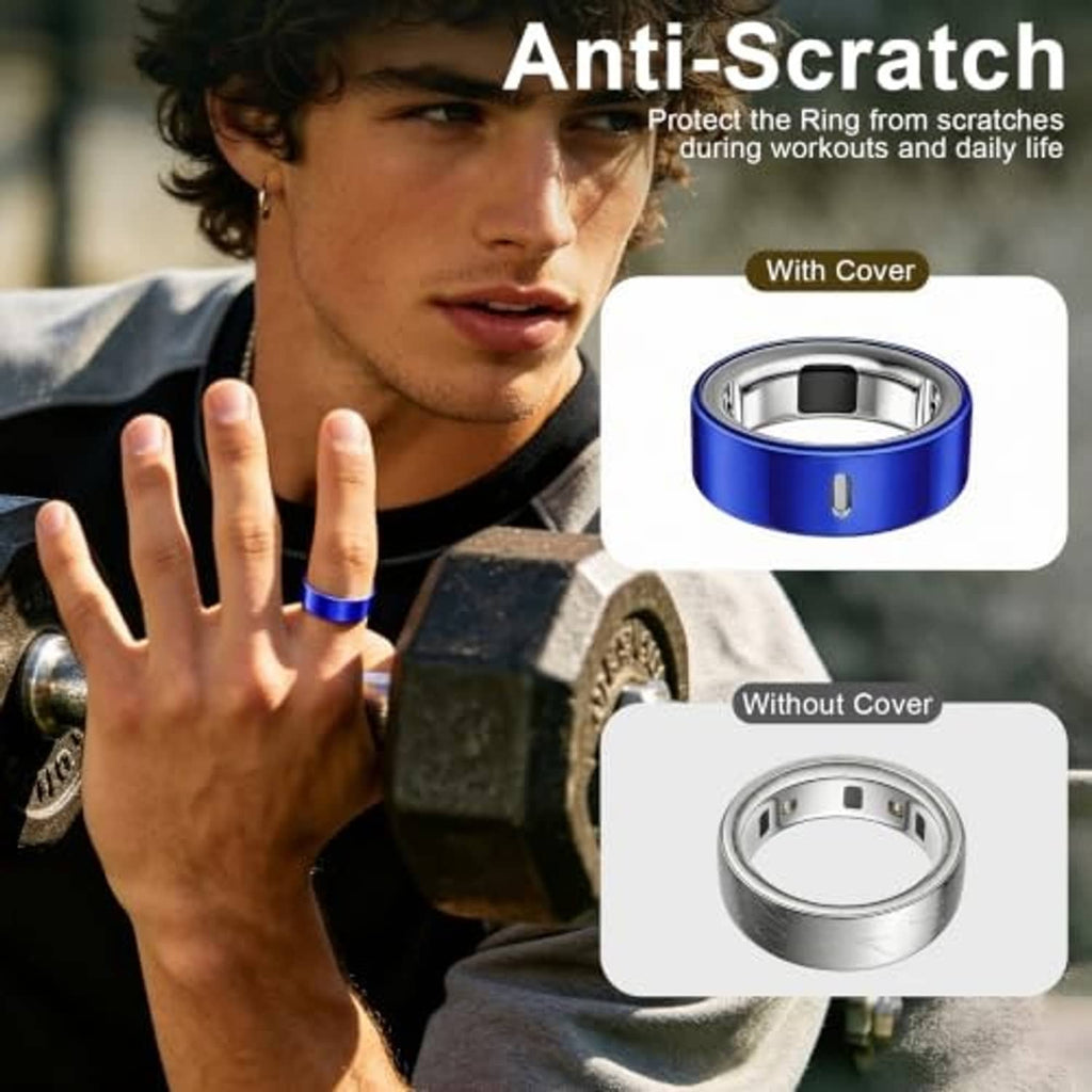 Blue TPU ring cover with sensor window, shown on wrist