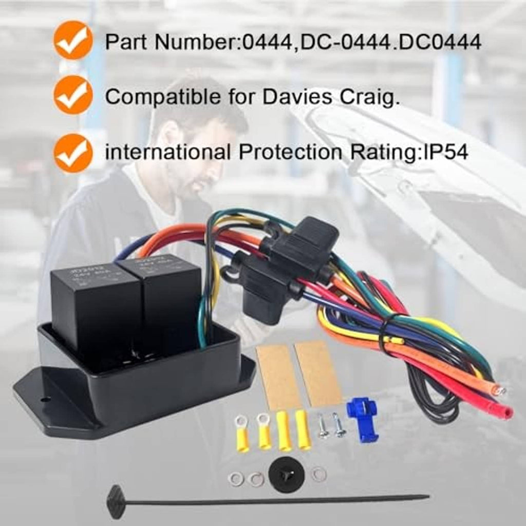 Radiator fan controller kit with relay housing, wiring cable, terminals, and mounting hardware