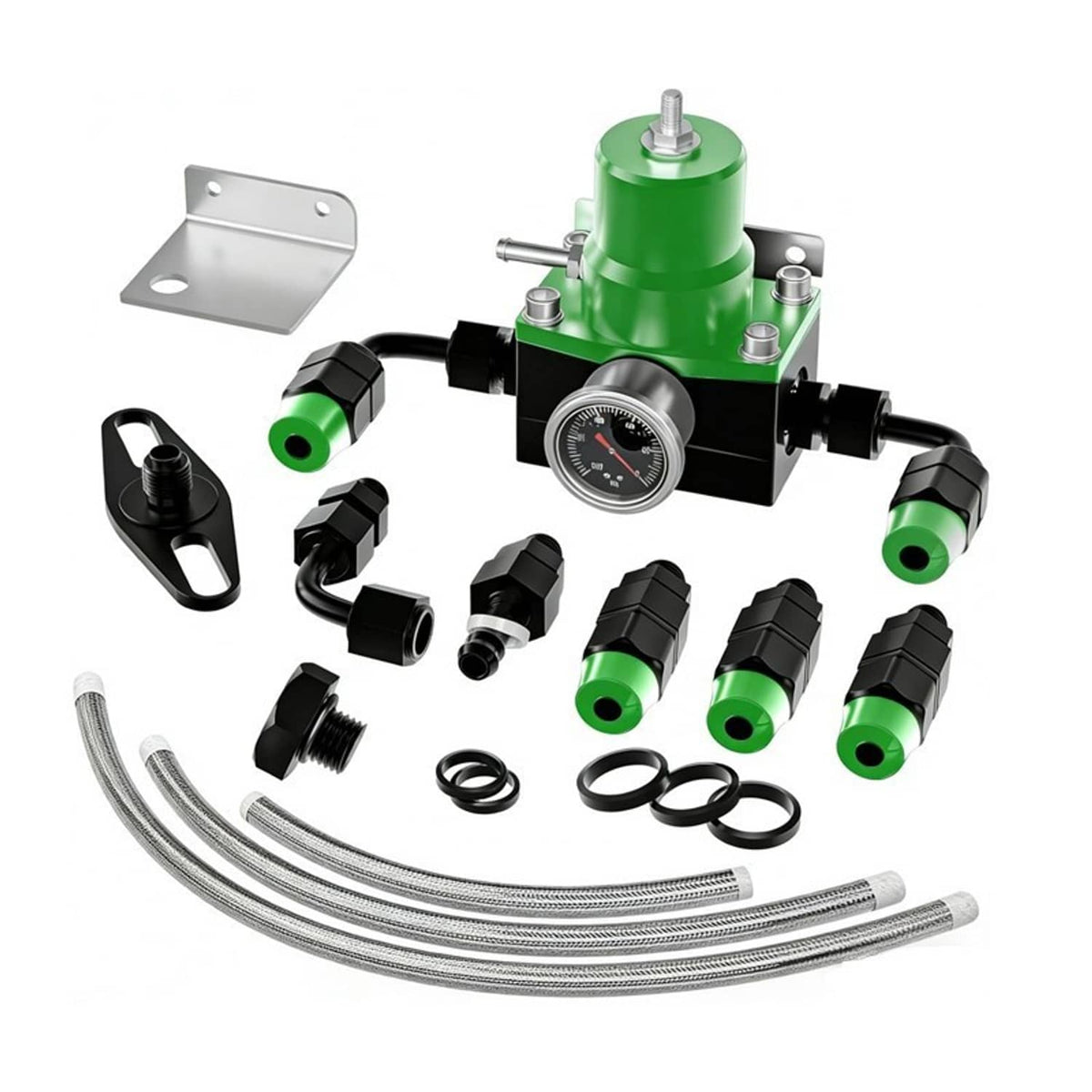 Green fuel pressure regulator kit with pressure gauge, mounting bracket, and braided fuel lines