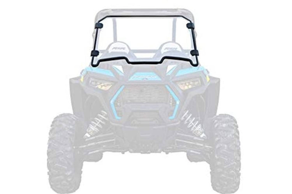 UTV full windshield on white background, clear panels with black frame and mounting points