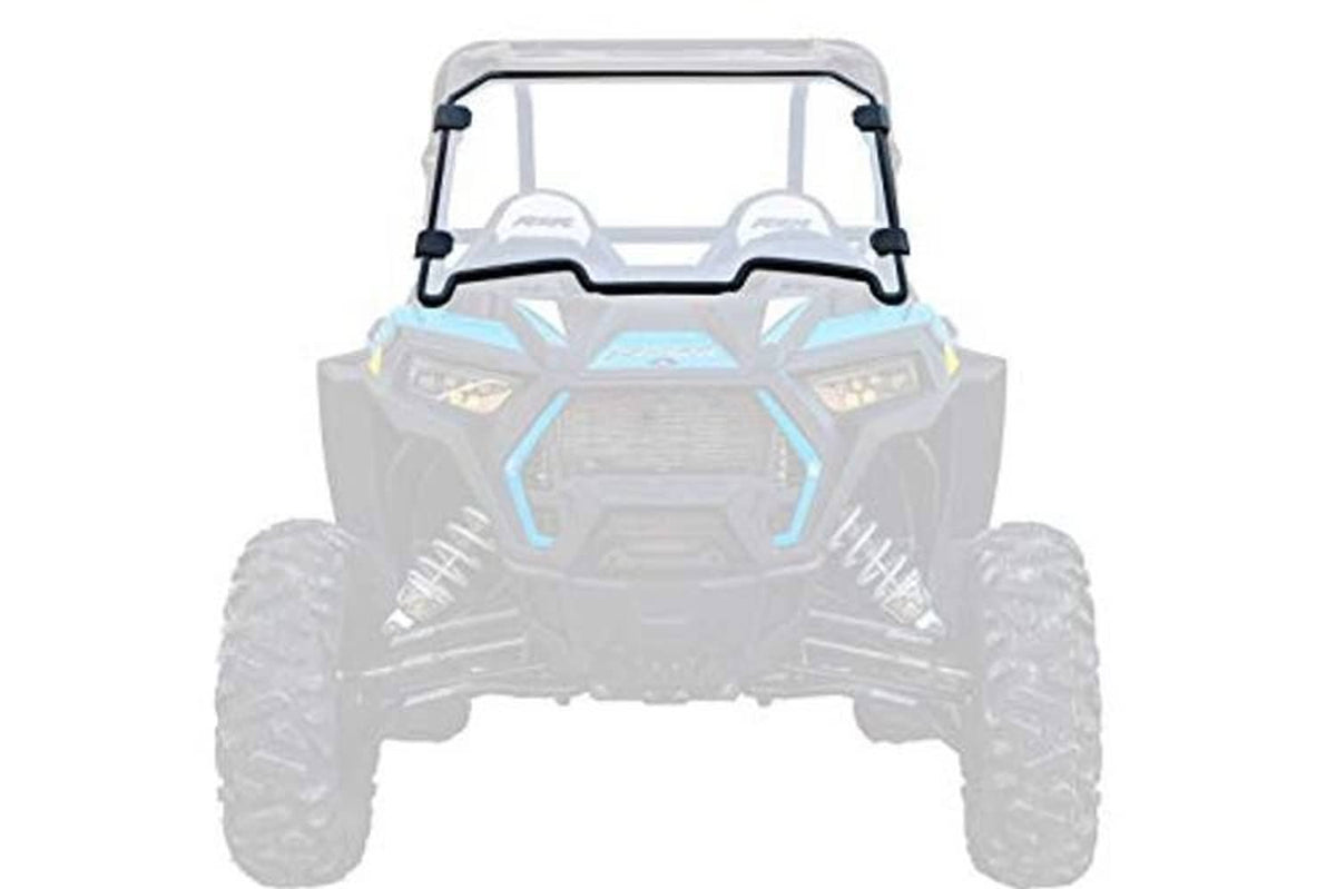 UTV full windshield on white background, clear panels with black frame and mounting points
