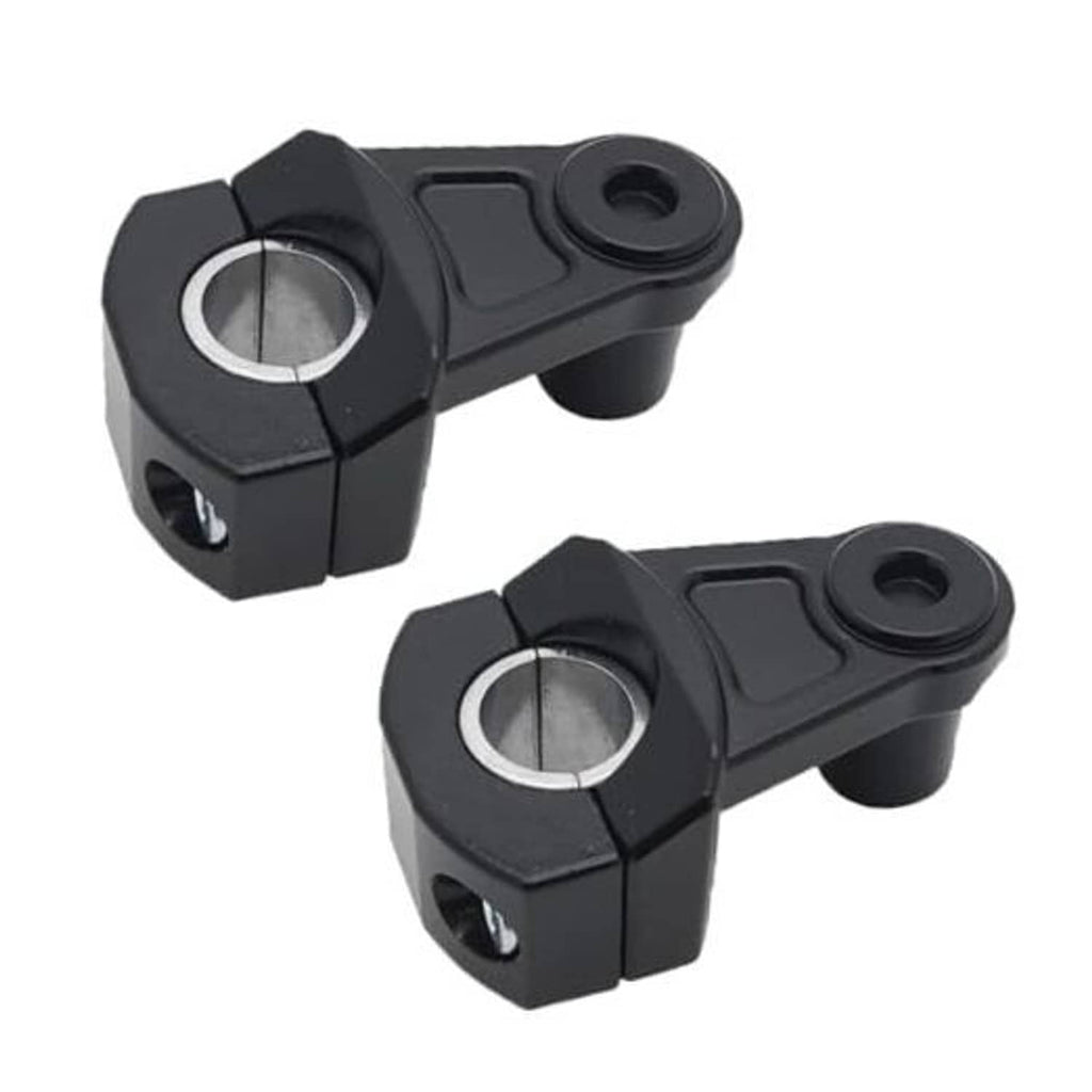 Black pivot handlebar clamp risers with circular center openings and bracket arms