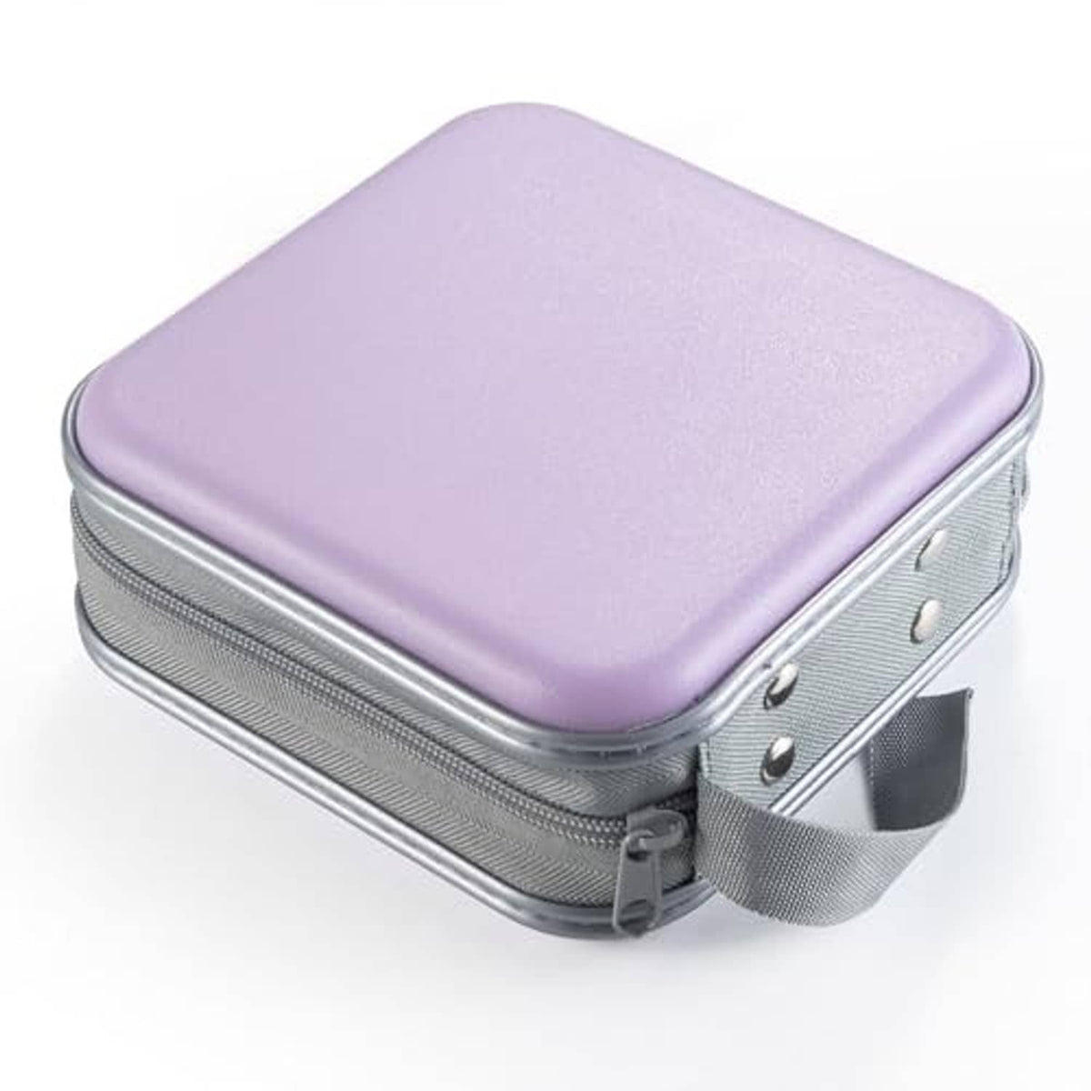 Lavender hard CD/DVD case with gray textured sides and zipper trim