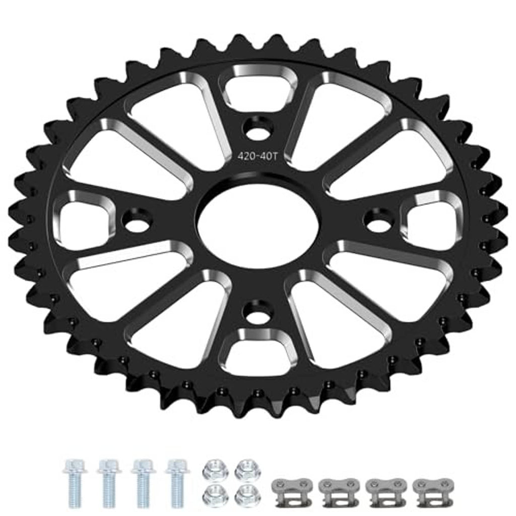 Black 420 40T chain sprocket with mounting hardware and center bore