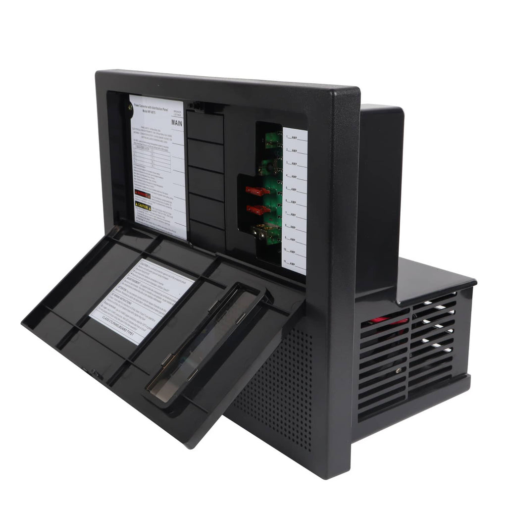 RV power converter with open access panel and view-through distribution windows