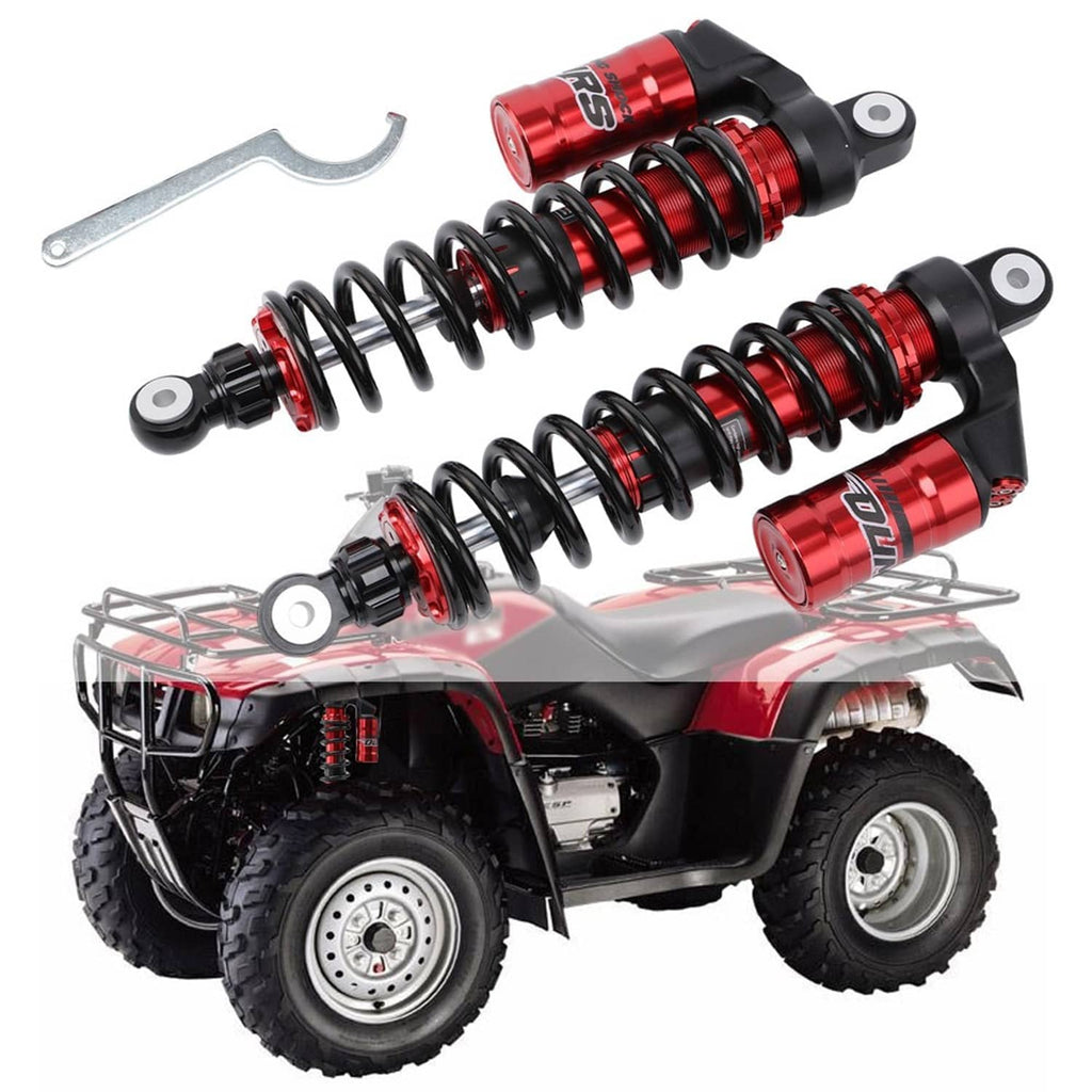 Red and black ATV front suspension shocks with coil springs and included mounting tool
