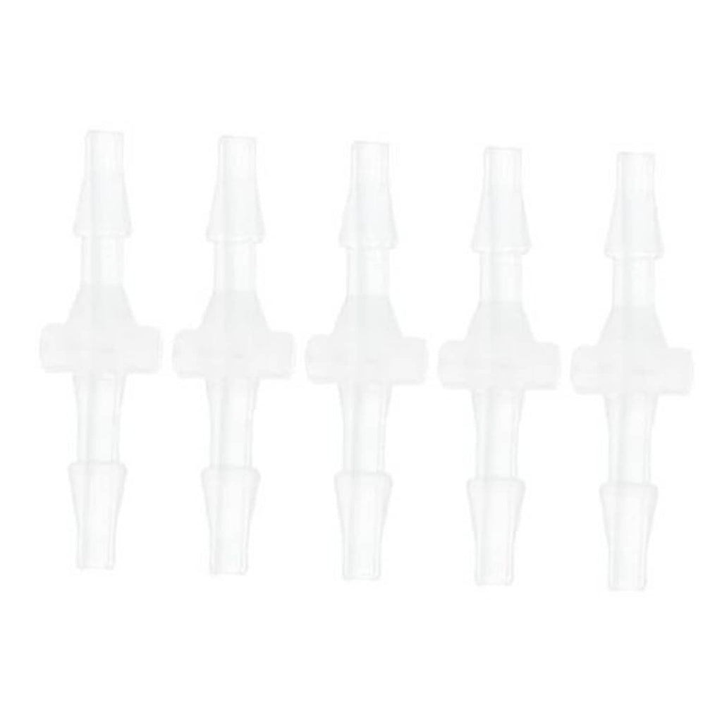 Five clear plastic straight hose barb connectors