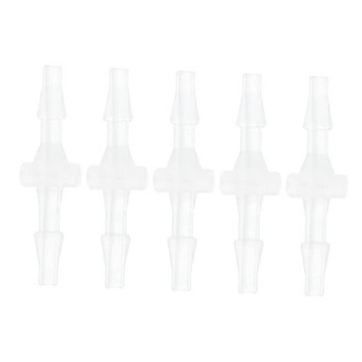 Five clear plastic straight hose barb connectors