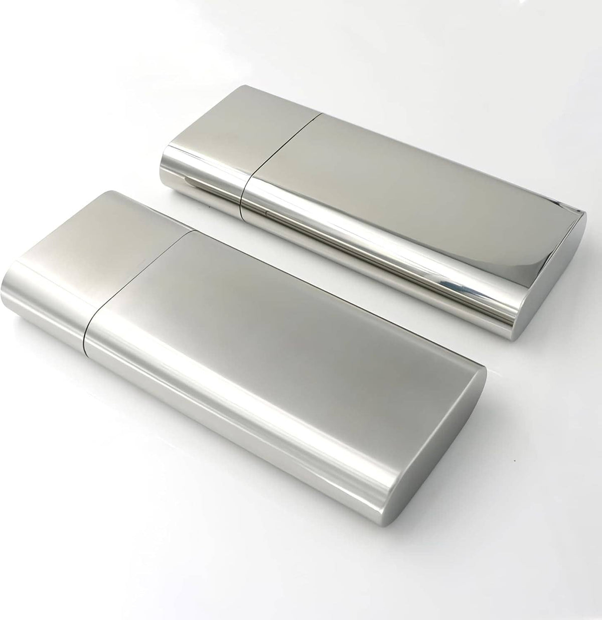 Stainless steel cigar case with flask tube, two closed views with centered seam